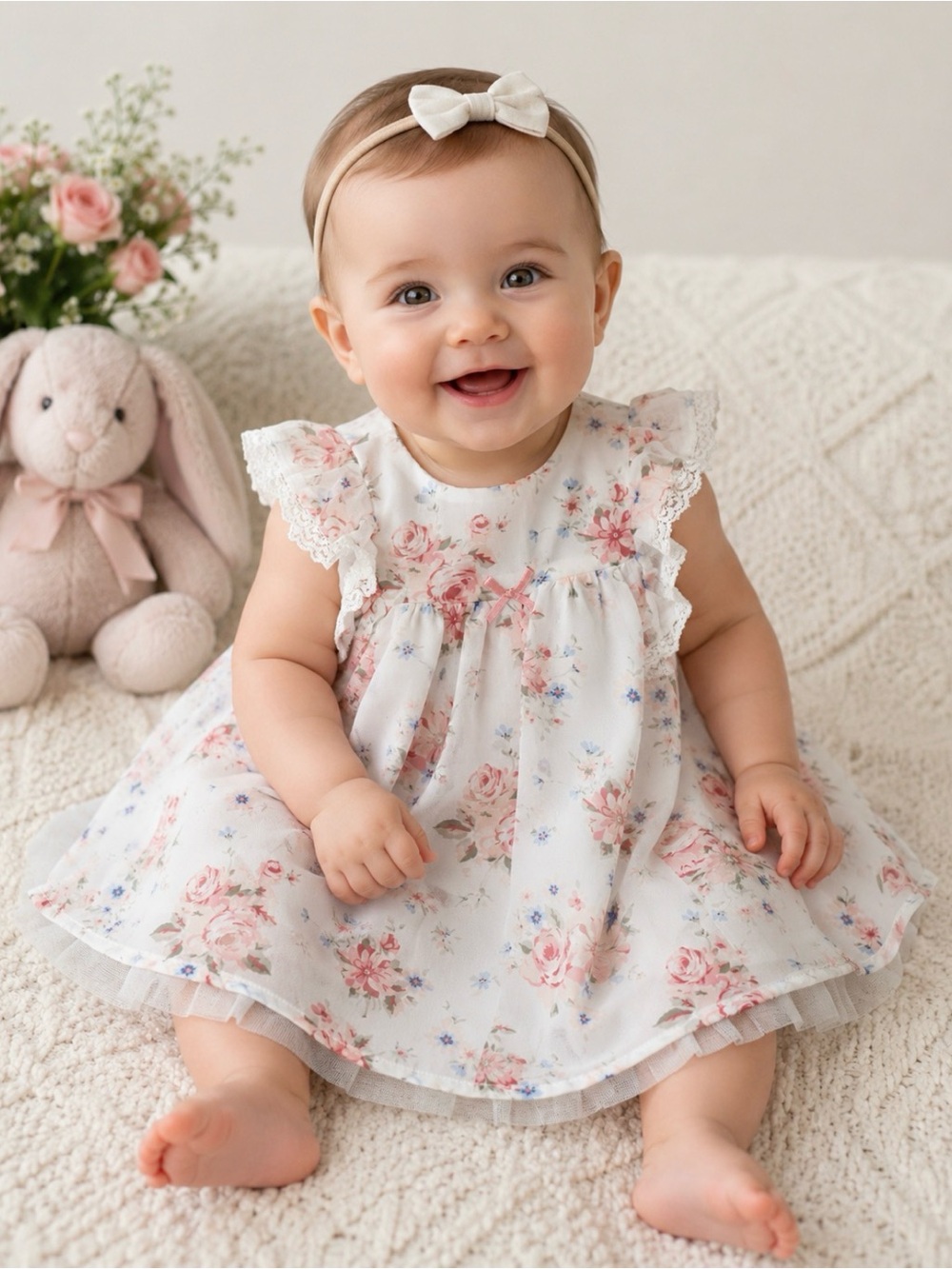 Edgehill Collection Baby Girl Lined Floral Dress Size 6M Lace Bows Tulle Ruffle